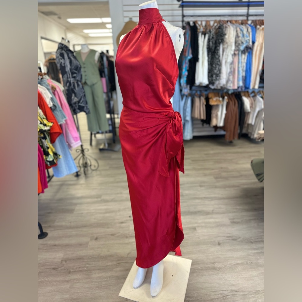 Red Satin Mock Neck Wrap Halter Formal Midi Dress NWT